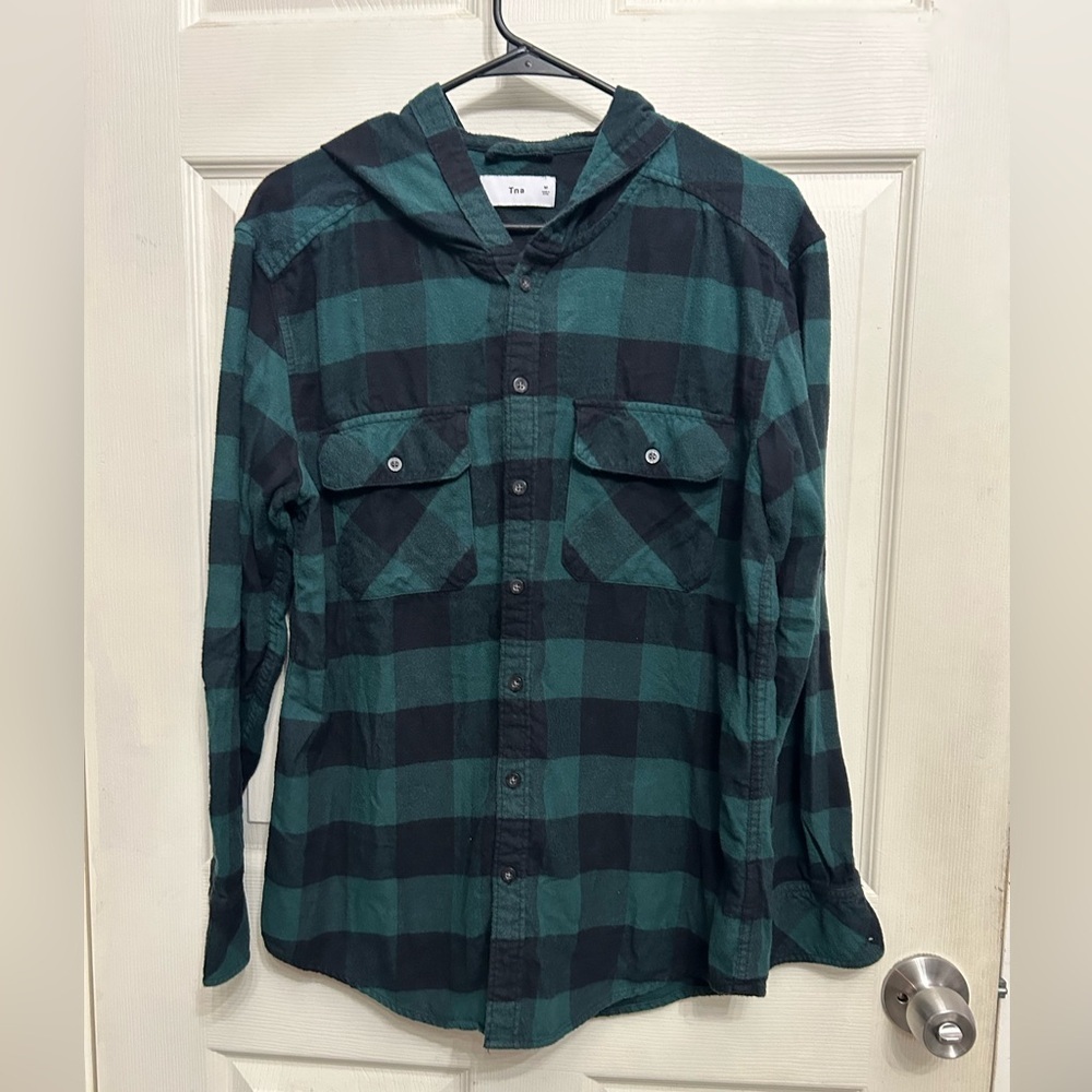 TNA Green and Black Checkered long sleeve hooded shirt flannel button down sz M